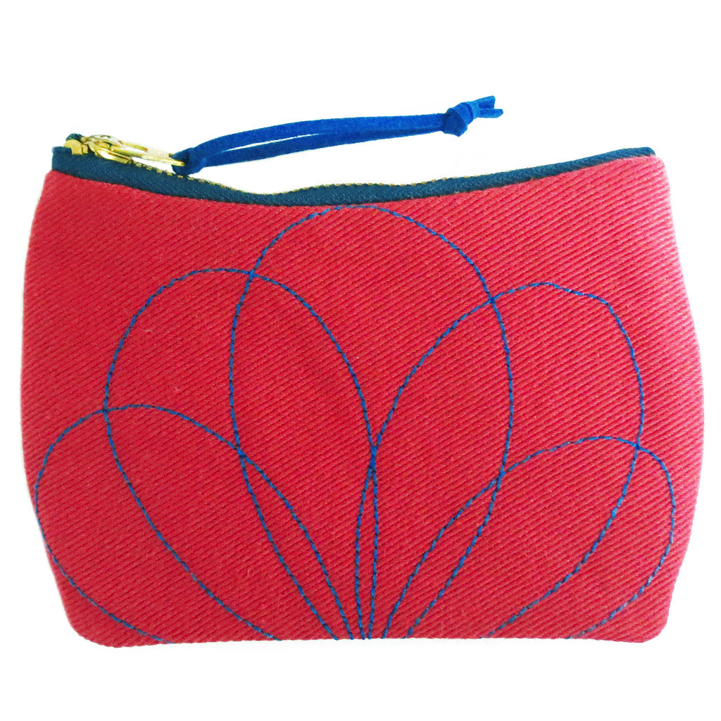 the persephone mini pouch in red denim with blue stitching