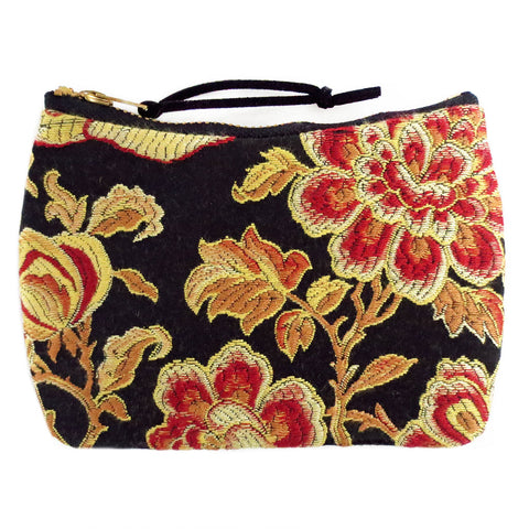 the phoenix mini pouch in red, gold, and black satin damask 