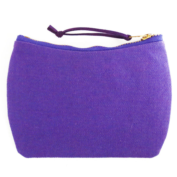 the back of the mini pouch in bright purple canvas