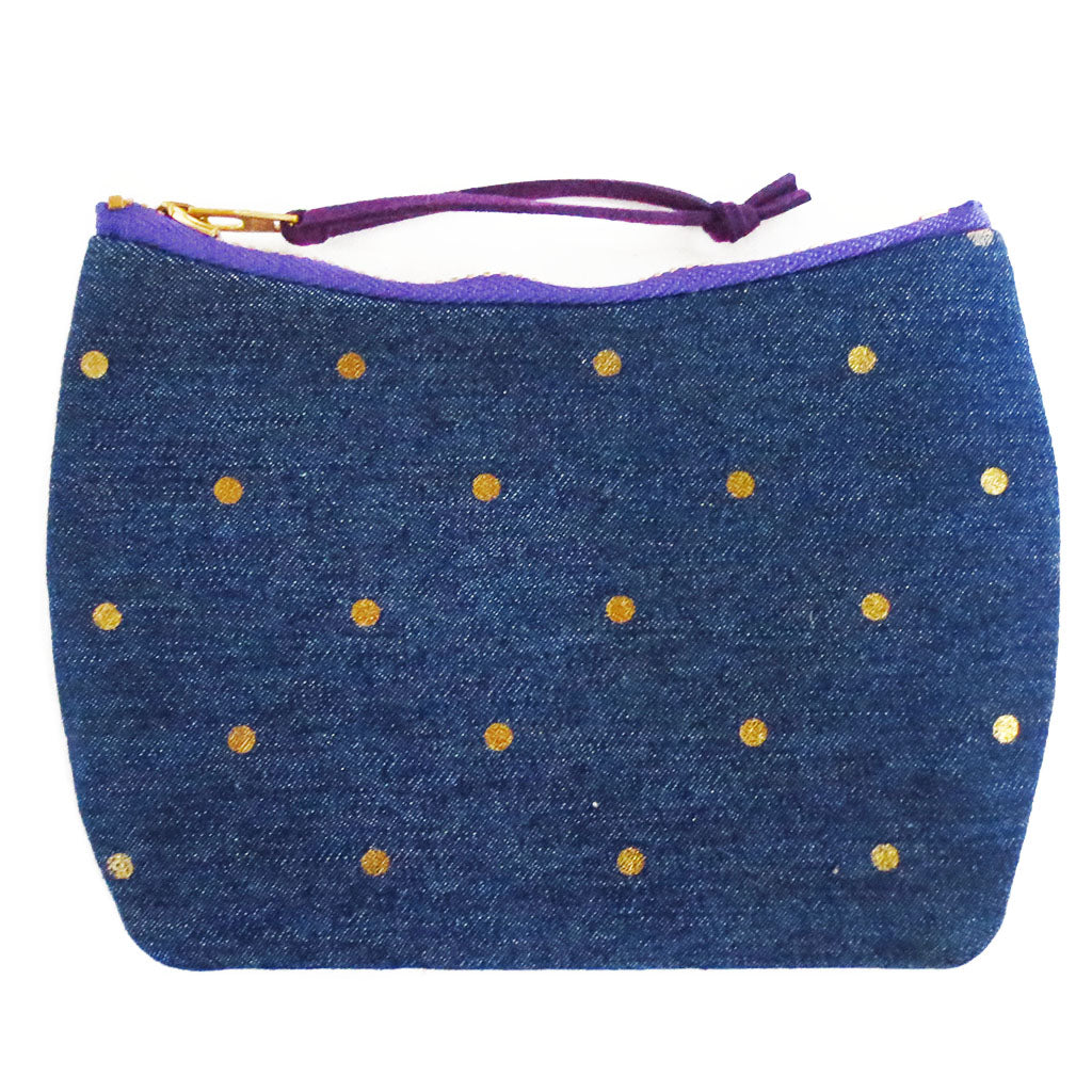 mini pouch from Holland Cox in gold polka dot denim and purple canvas
