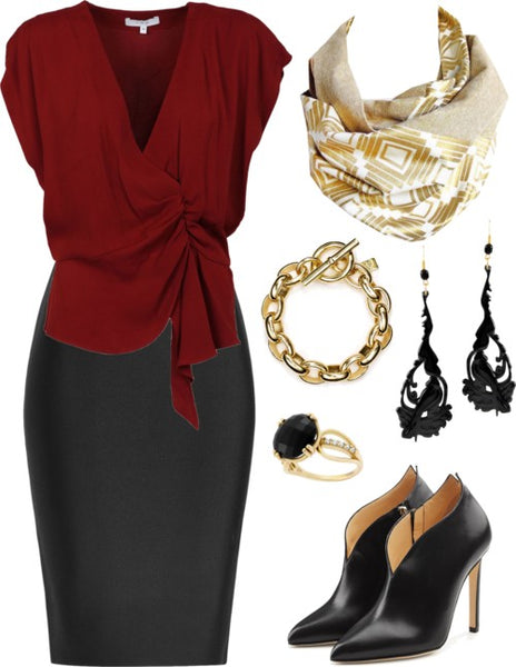 the naomi button scarf with a wine colored blouse and black pencil skirt, black heels, and gold and black jewelry