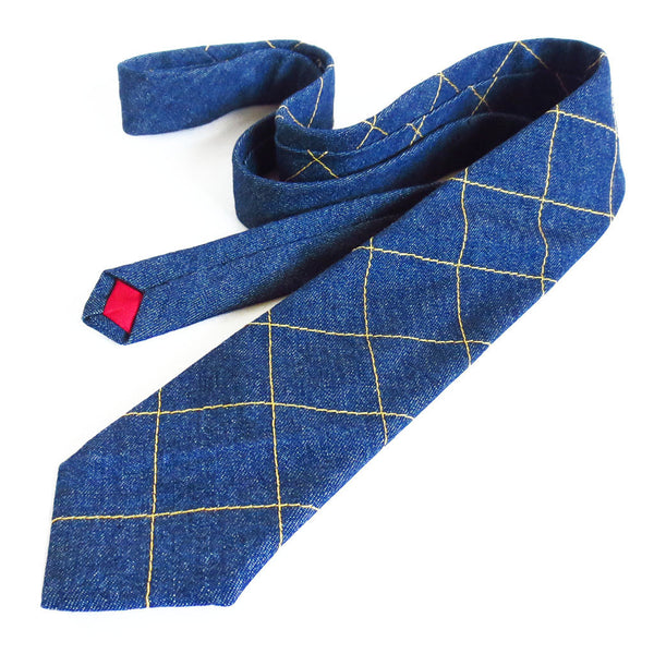 handmade denim necktie with gold windowpane check from Holland Cox