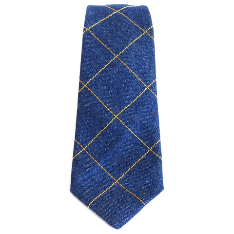 denim necktie with windowpane check design, stitched in gold heavy duty thread