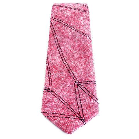 handmade necktie with black stitching on red essex linen