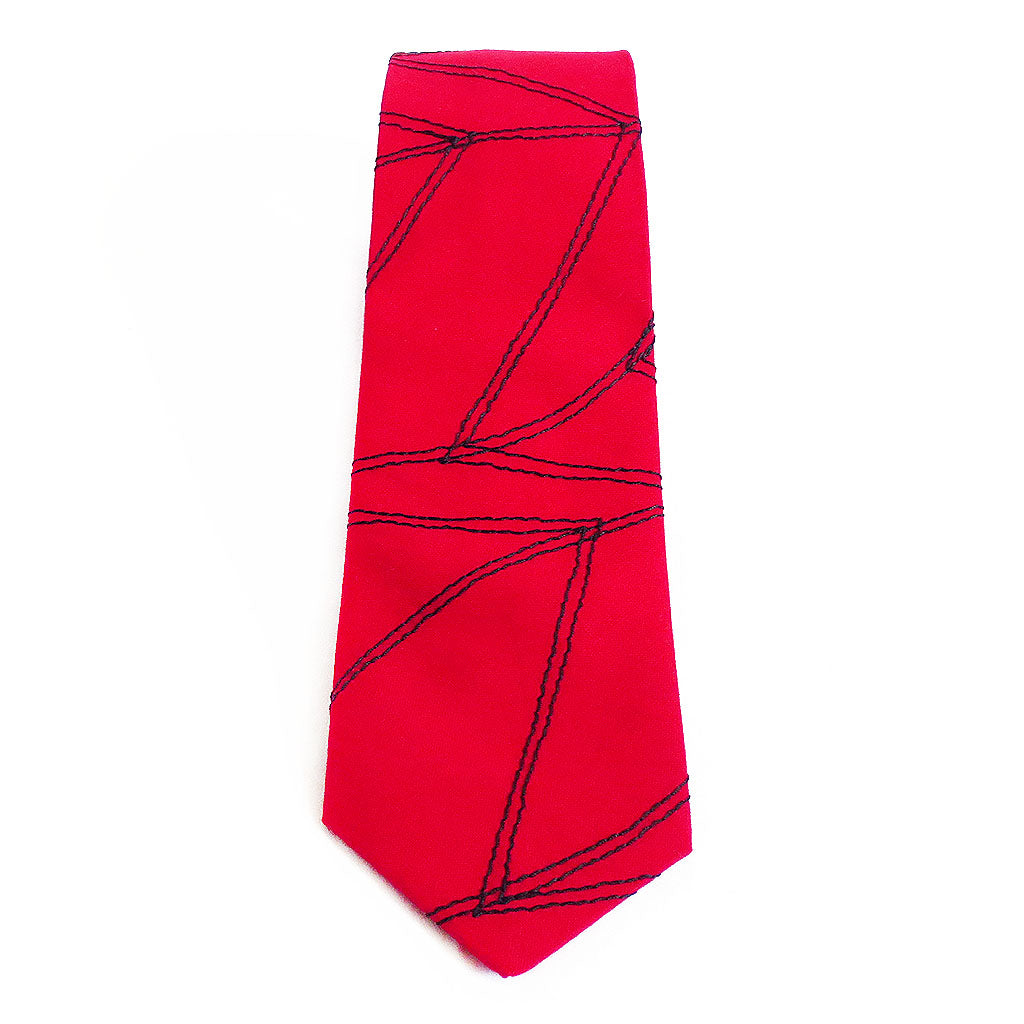 Cotton necktie in red, stitched with Holland Cox's signature chevron wave motif in black thread.