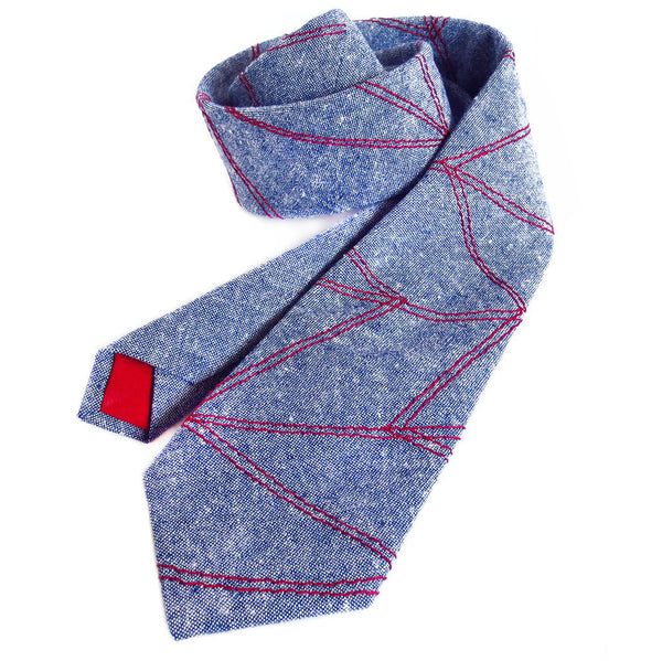 blue essex linen necktie with red chevron wave stitching