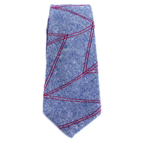 blue essex linen necktie stitched with chevron wave design in red heavy duty thread