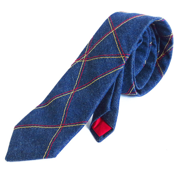 handmade denim necktie from Holland Cox with red and gold stitched details