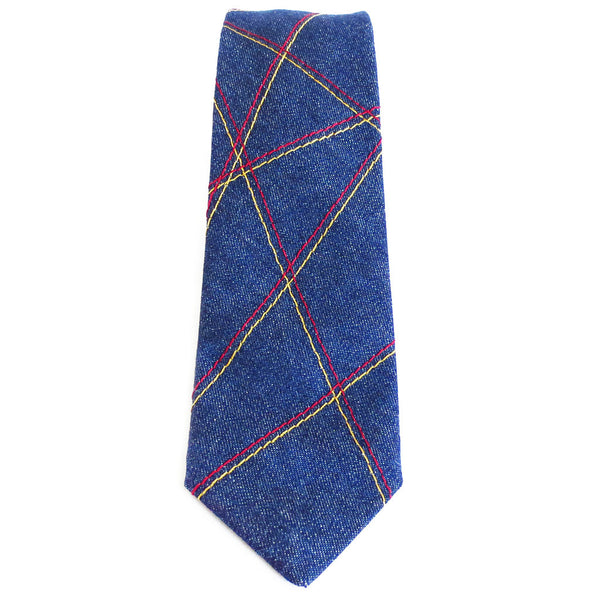 denim necktie with crossing double lines stitched in red and gold heavy duty thread