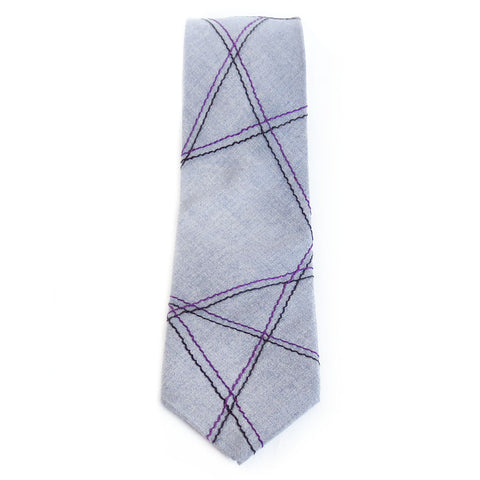 Gray necktie with abstract linear pattern in purple and black.
