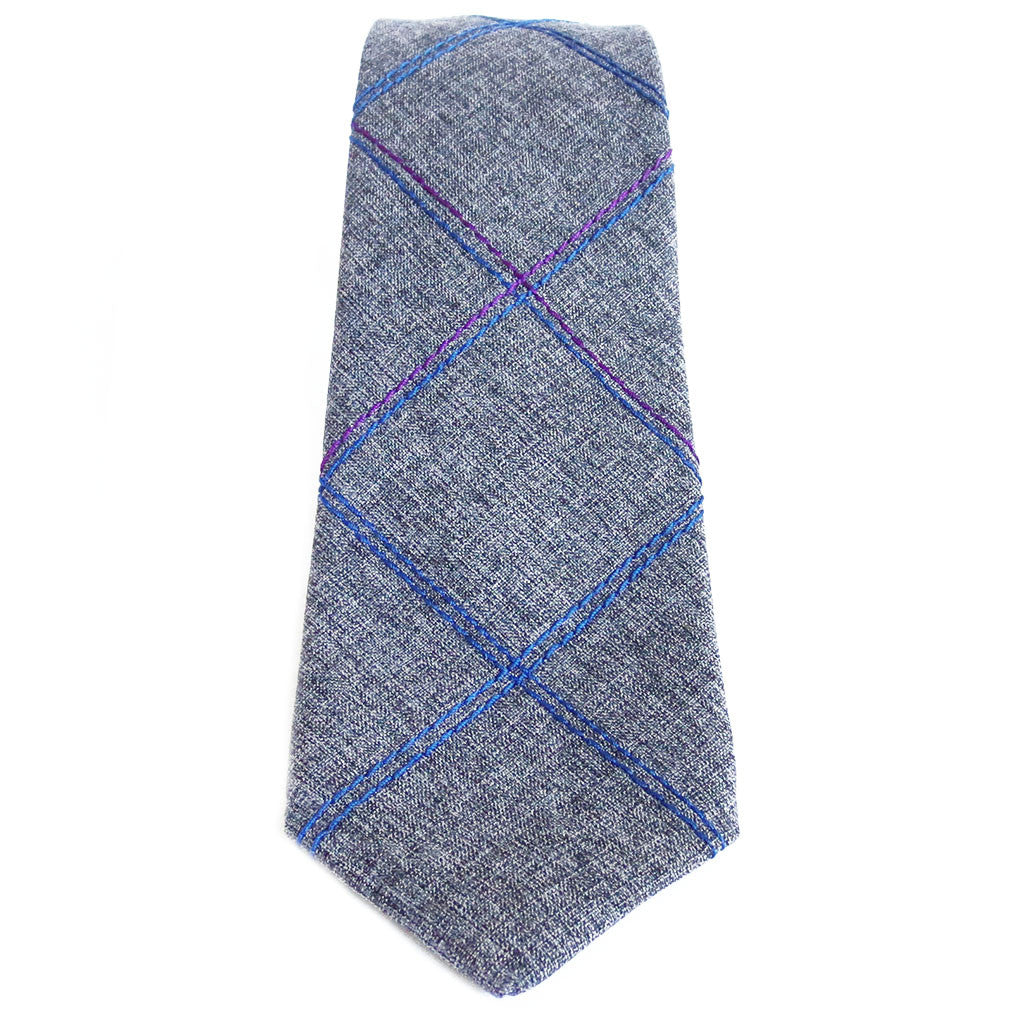blue and purple windowpane check stitched into wool blend necktie