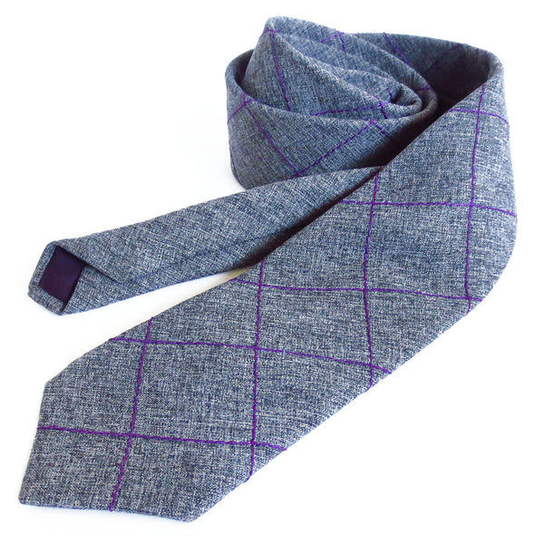 wool blend necktie stitched with purple windowpane check