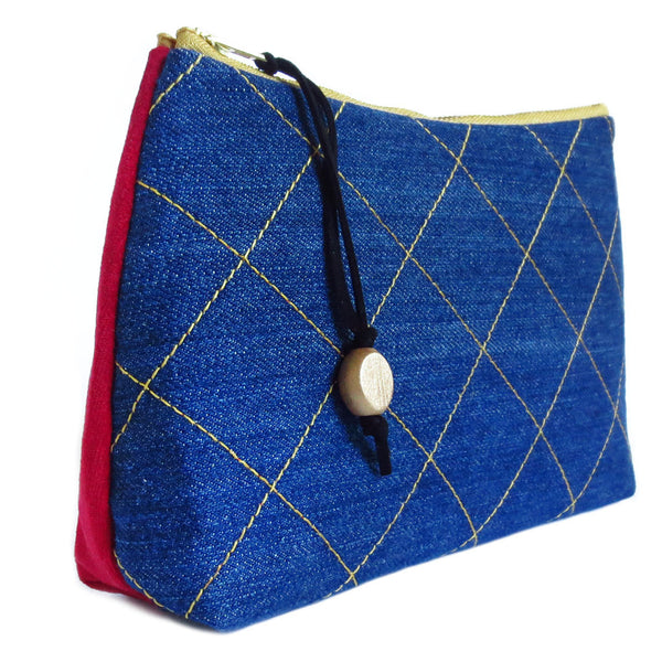 denim zip pouch with gold stitched windowpane check