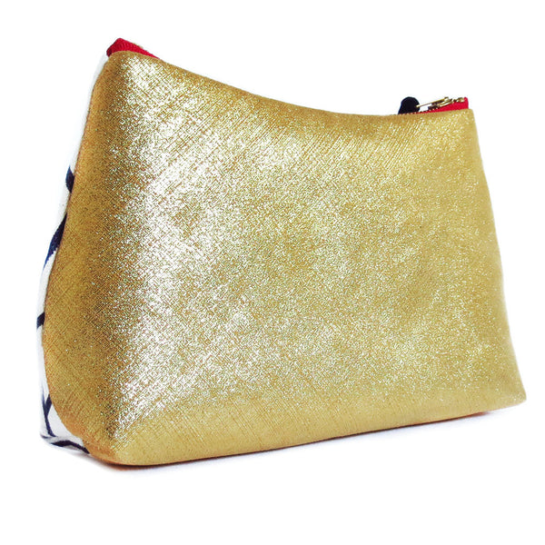 the back of the cassandra perfect pouch, in metallic gold leather