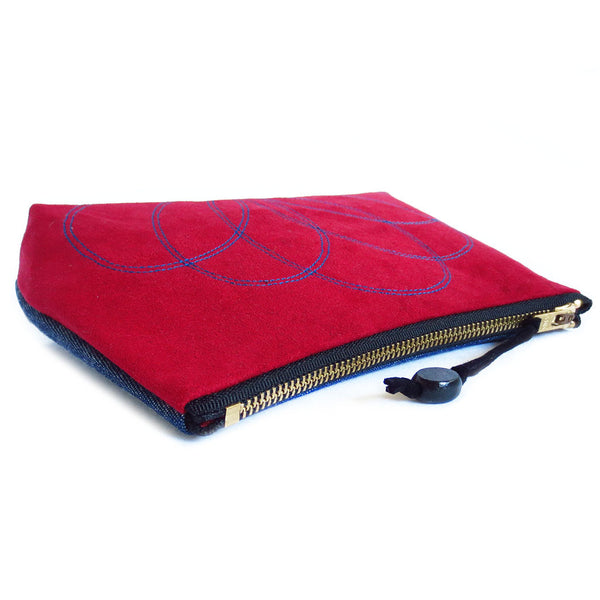 red ultrasude zip pouch closes with a 7" brass zipper