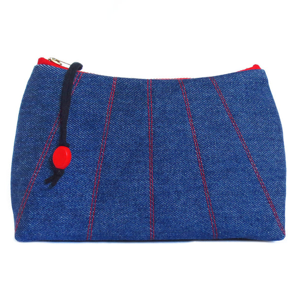 denim zip pouch with red stitching detail from Holland Cox