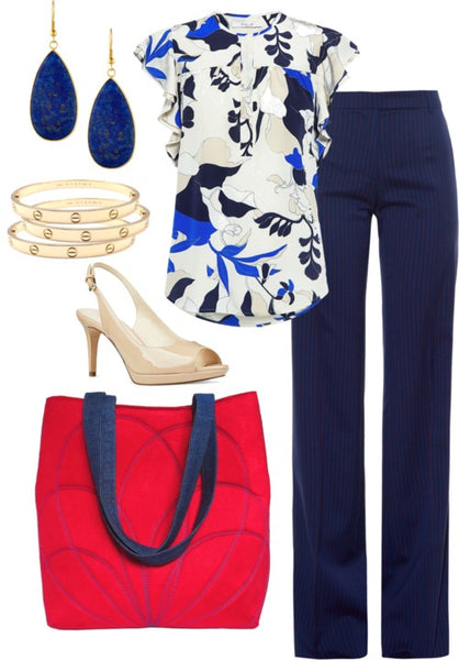 work outfit featuring the persephone 517 tote, navy trousers, a printed blouse, nude heels and lapiz and gold jewelry