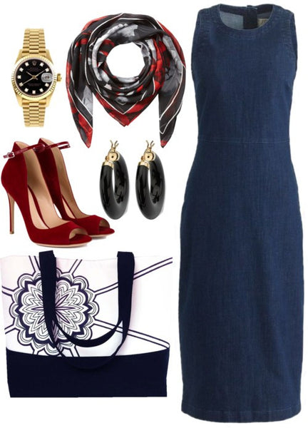 the regina tote styled with a denim dress, black and gold jewelry, and red heels