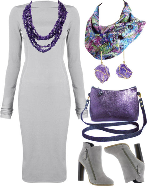 the reina crossbody bag with a gray sweater dress, amethyst jewelry, and the natalie button scarf