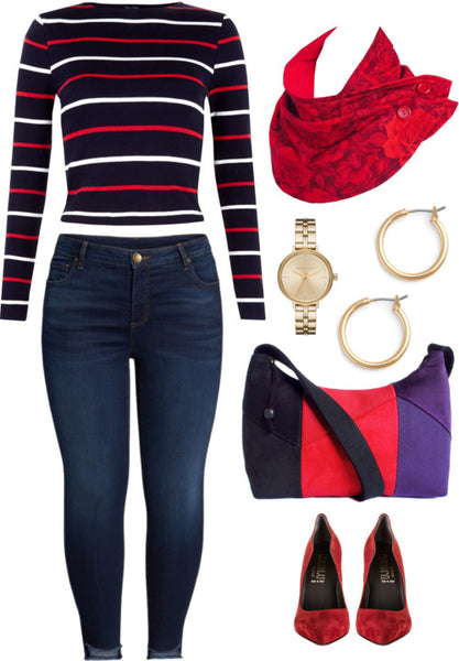 the trinity bag styled with skinny jeans, a striped sweater, and the rosetta button scarf