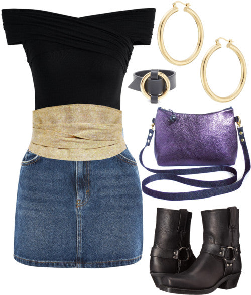 the selina belt styled with a denim mini skirt, off-the-shoulder black top, black boots, and a purple crossbody bag