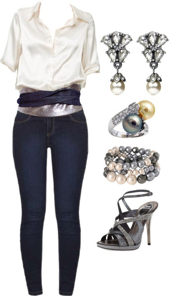 the sheba belt styled with skinny jeans, a silky top, and very fancy diamond and pearl jewelry