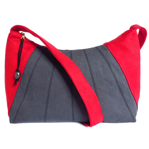 Red ultrasuede and gray denim everyday bag from Holland Cox