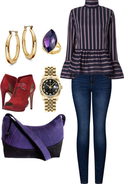 outfit idea for the simone everyday bag, featuring skinny jeans and red booties