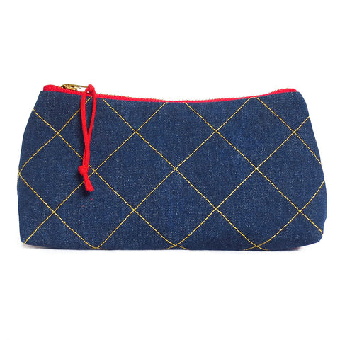denim zip pouch with gold stitched windowpane check 