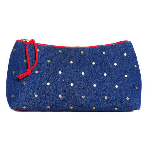 small zip pouch with gold dots on denim and red ultrasuede