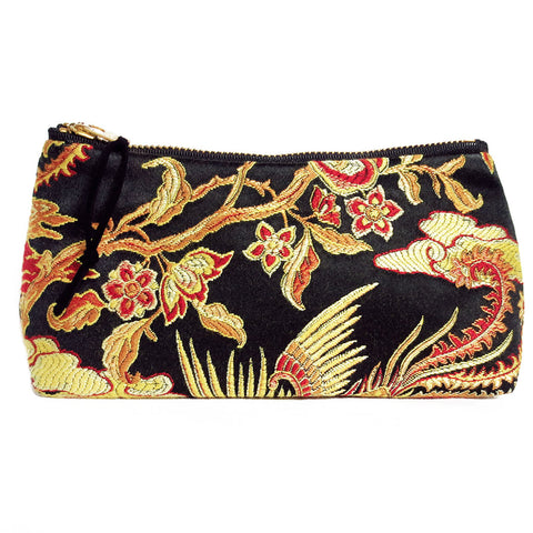 satin damask in black, gold, and red featuring abstract florals and phoenix motif