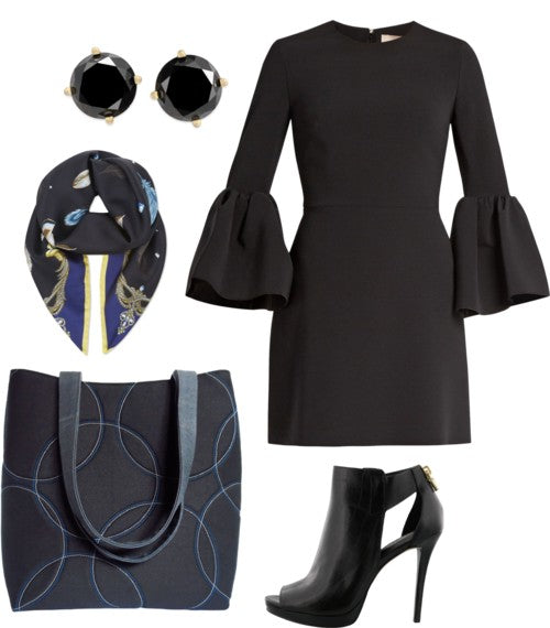 an outfit idea featuring the sofia 517 tote from Holland Cox, with a black dress with bell sleeves, black shoes and a black scarf