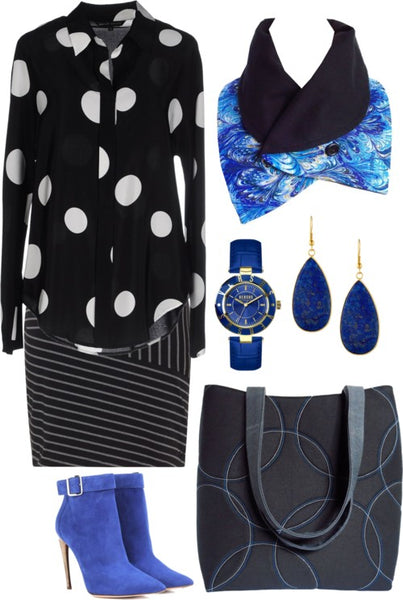 the fitzgerald scarf with a black and white outfit, including a polka dot top, striped skirt, and Holland Cox tote