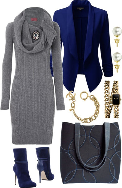 the sofia 517 tote with a gray sweater dress and royal blue blazer