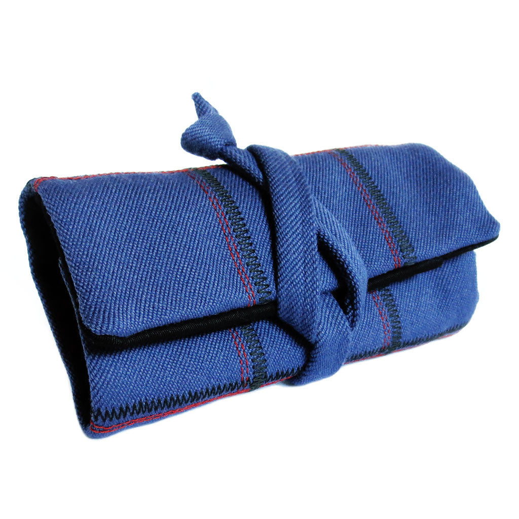 heavyweight twill watch roll in dark blue with stitched in plaid design from Holland Cox