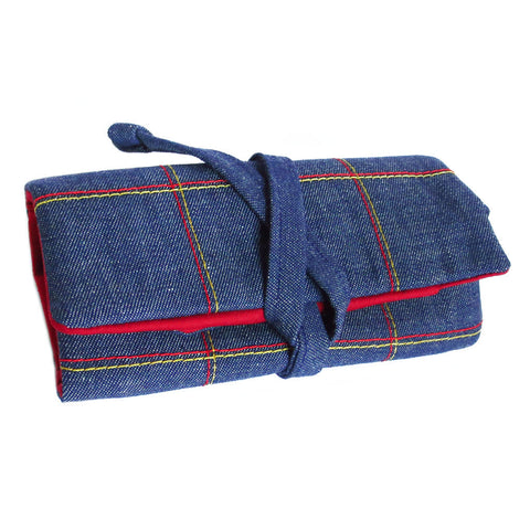 vintage denim watch roll with plaid design stitched in red and gold