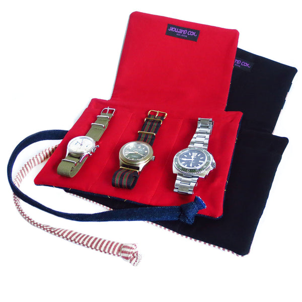 fabric watch roll with three padded pockets