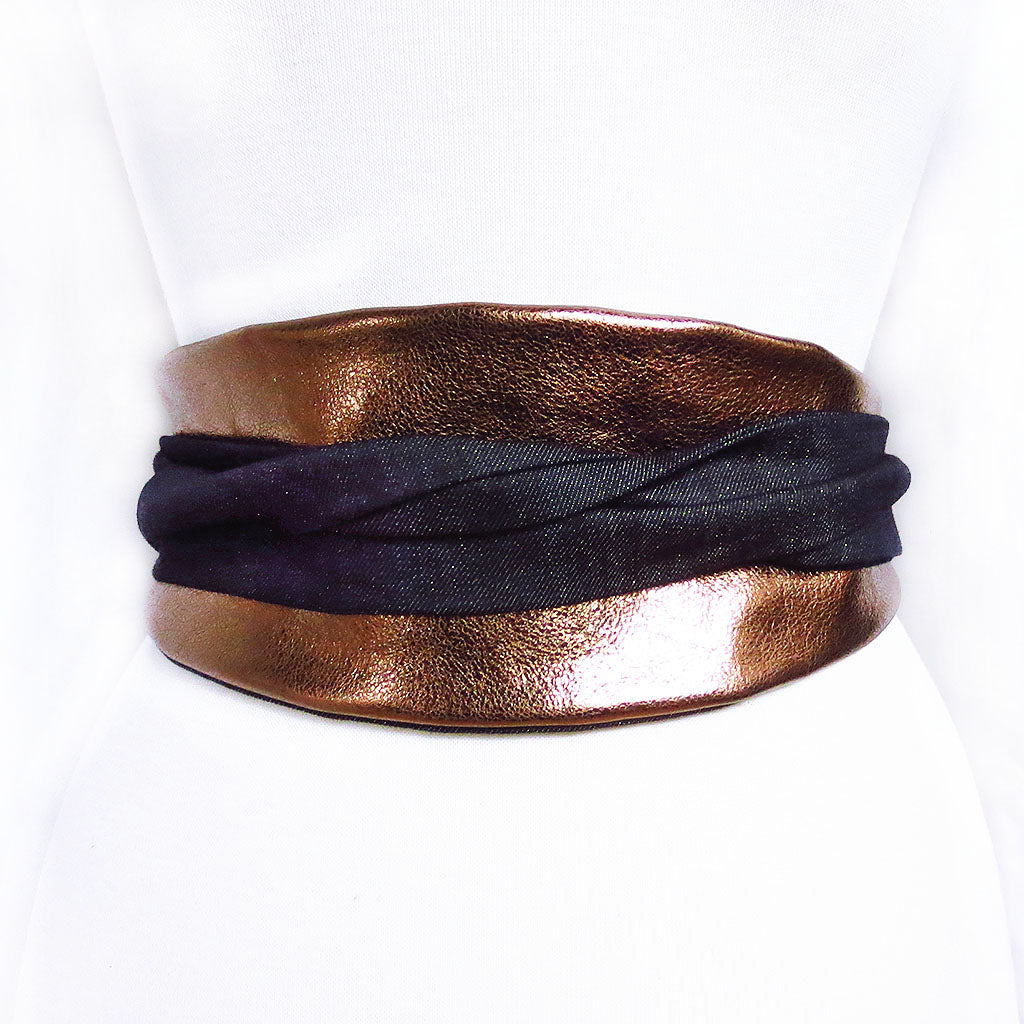 bronze leather obi style wrap belt with long ties in gold-flecked denim