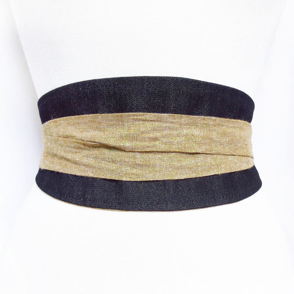 obi style wrap belt in gold-flecked denim, with long ties made of gold metallic essex linen