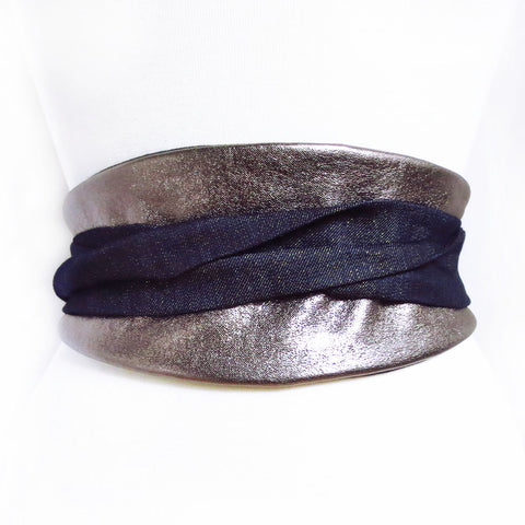 pewter leather obi-style wrap belt with long ties in gold-flecked denim, wrapped and tied in the back